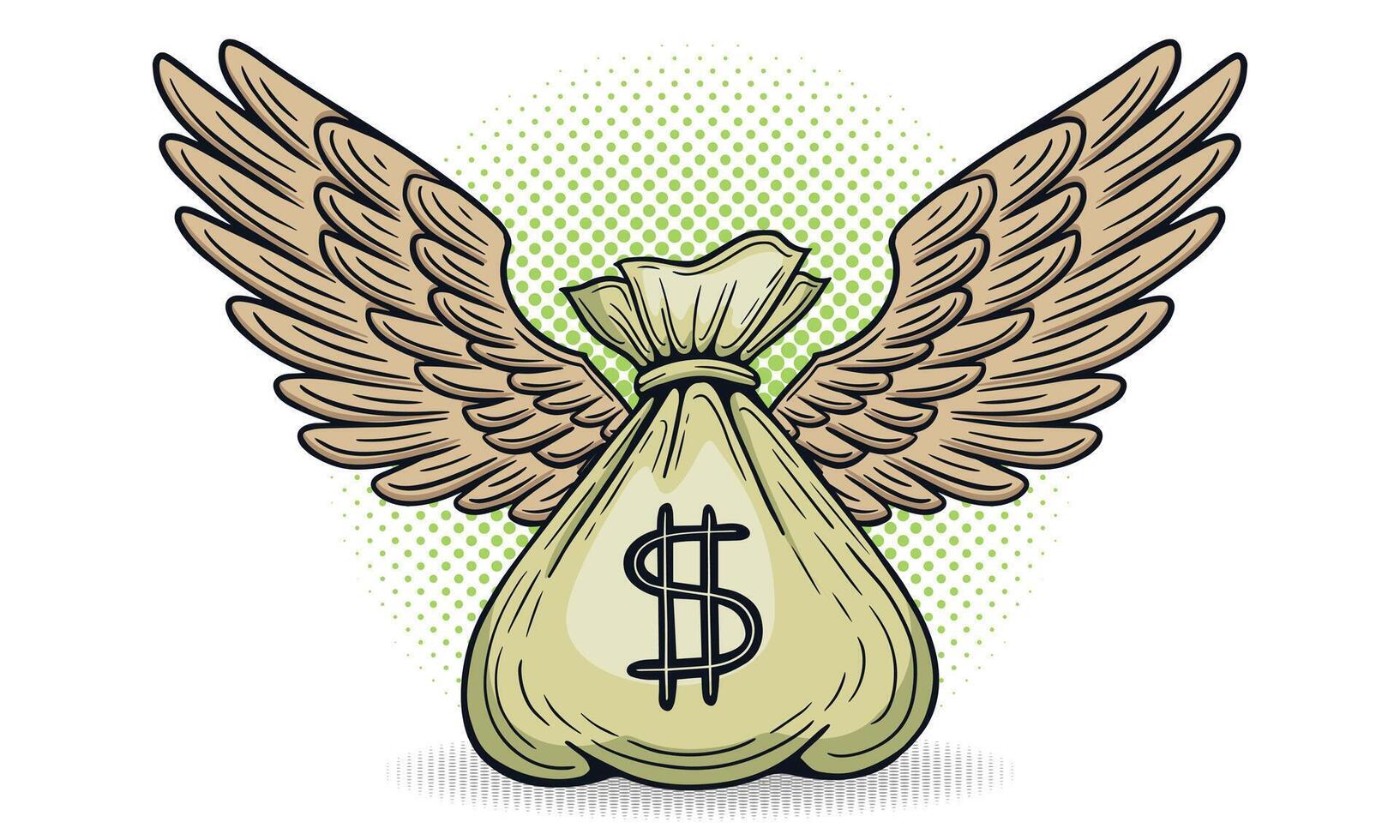 money bag with wings, money flying  hand drawn  vector illustration