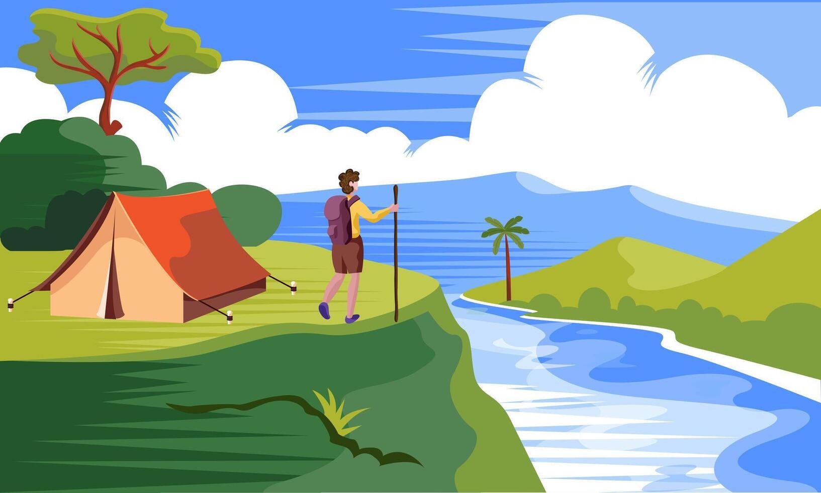 hiker camping in wild nature vector