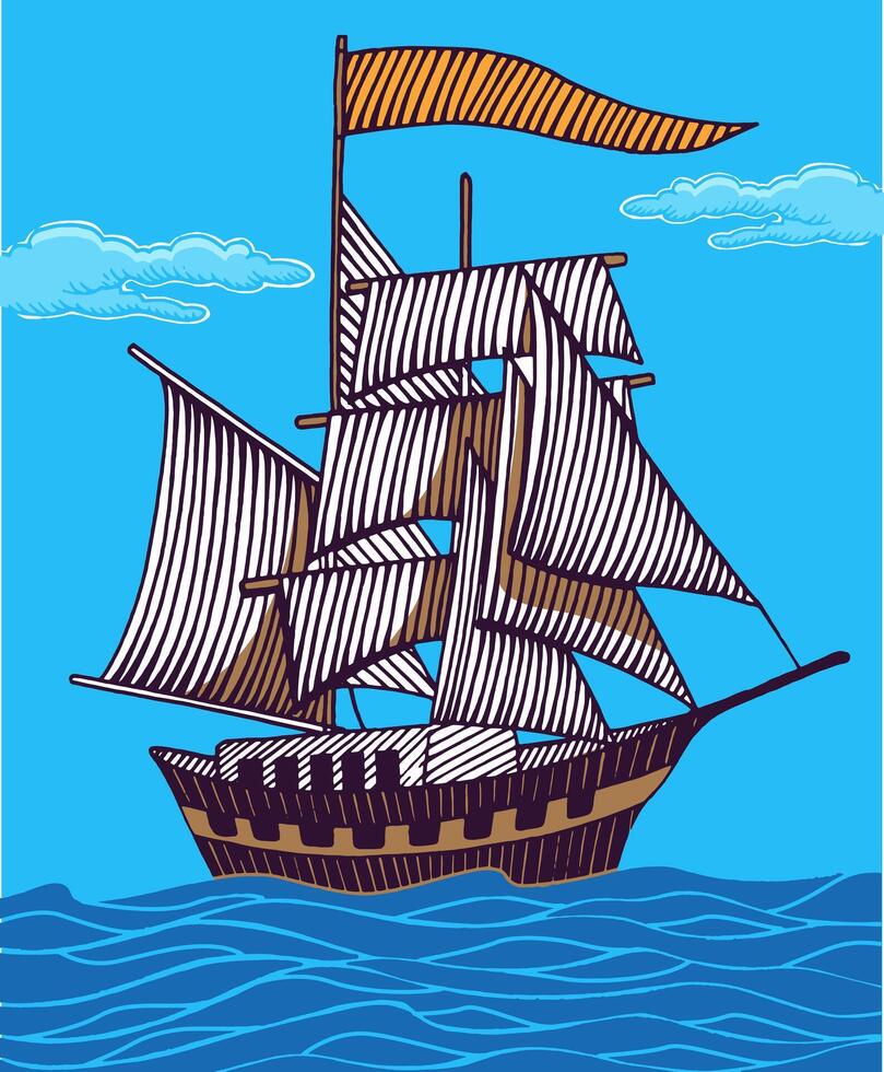 vintage hand drawn line art  ship in sea  engraved color vector