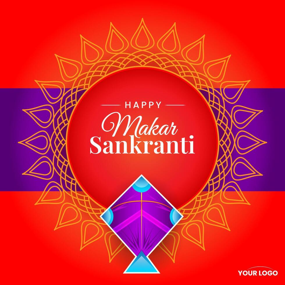 makar sankranti red greeting with kite and decorative background vector
