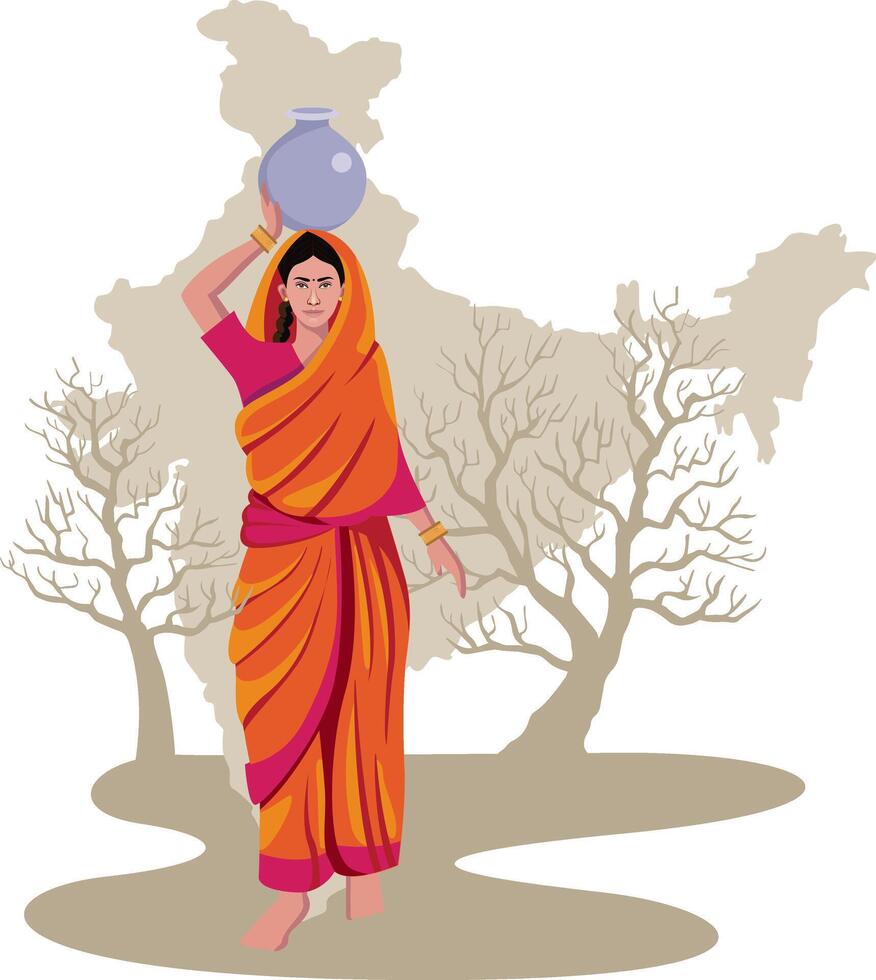 indian woman carrying water on head with india map, drought condition vector