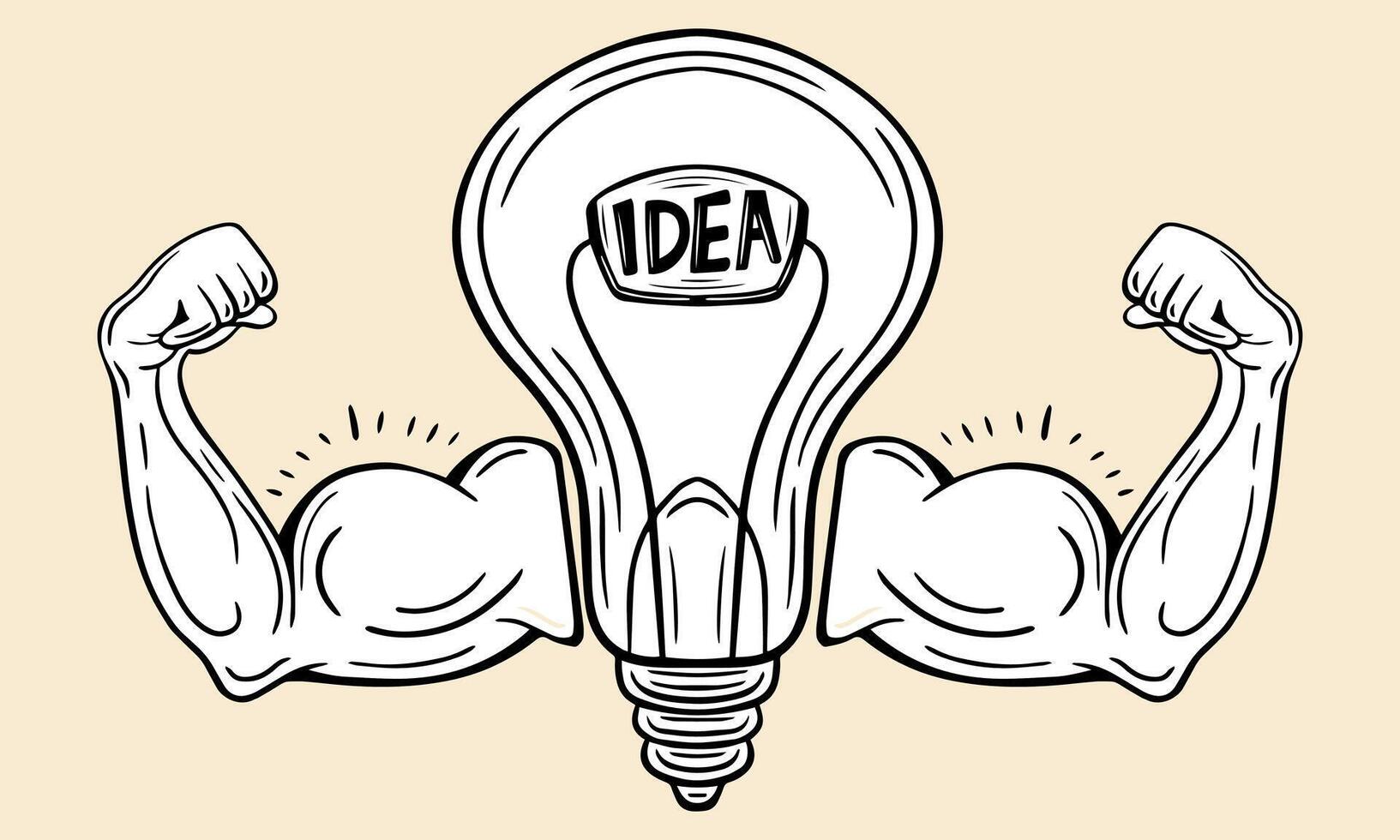powerful idea, strong innovation, creativity, bulb with strong arms  hand drawn vector