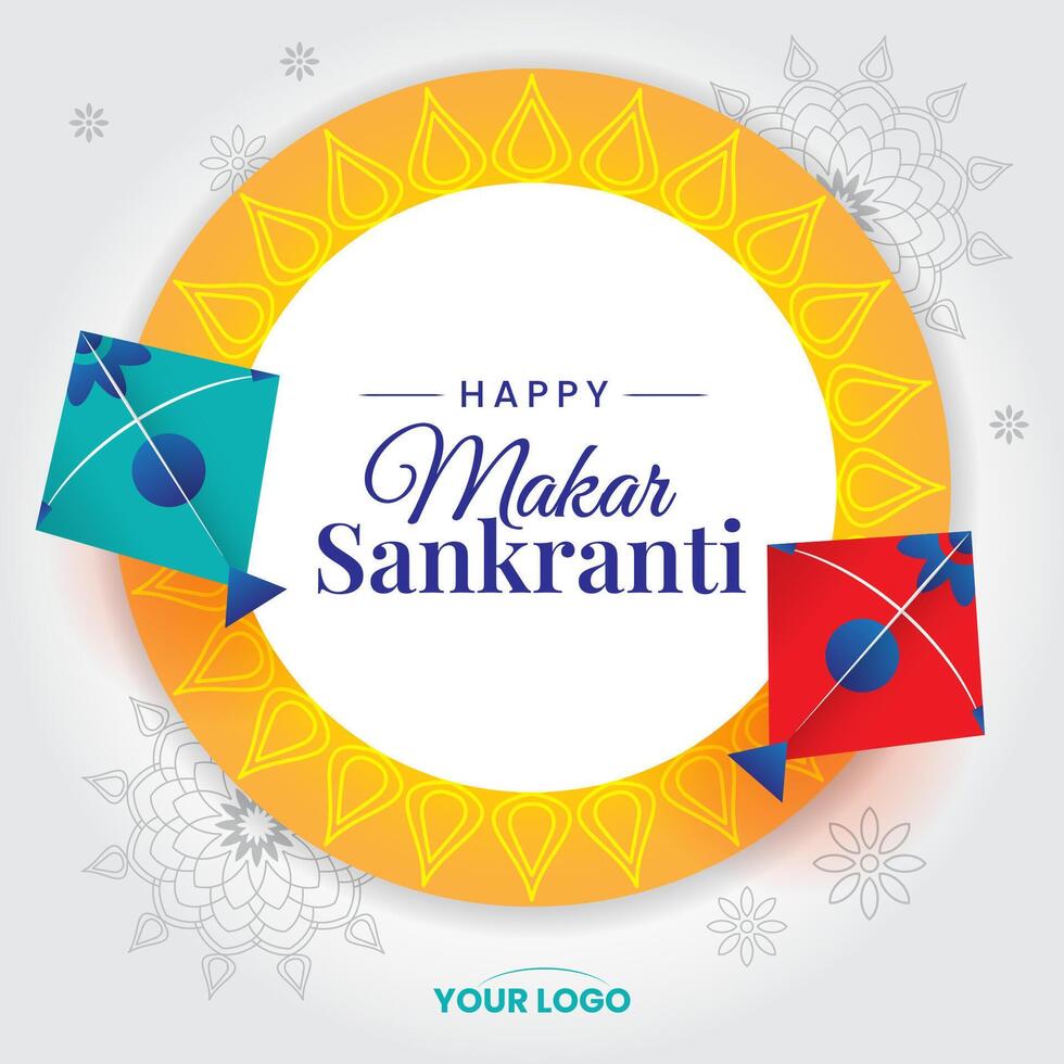 makar sankranti greeting with mandala designs and kite vector