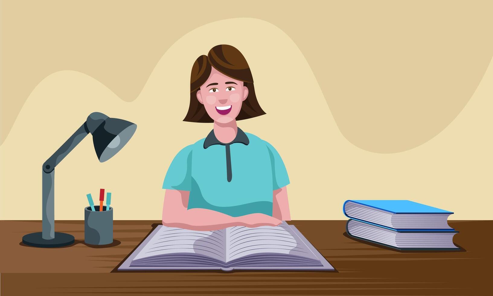 happy girl studying on desk vector