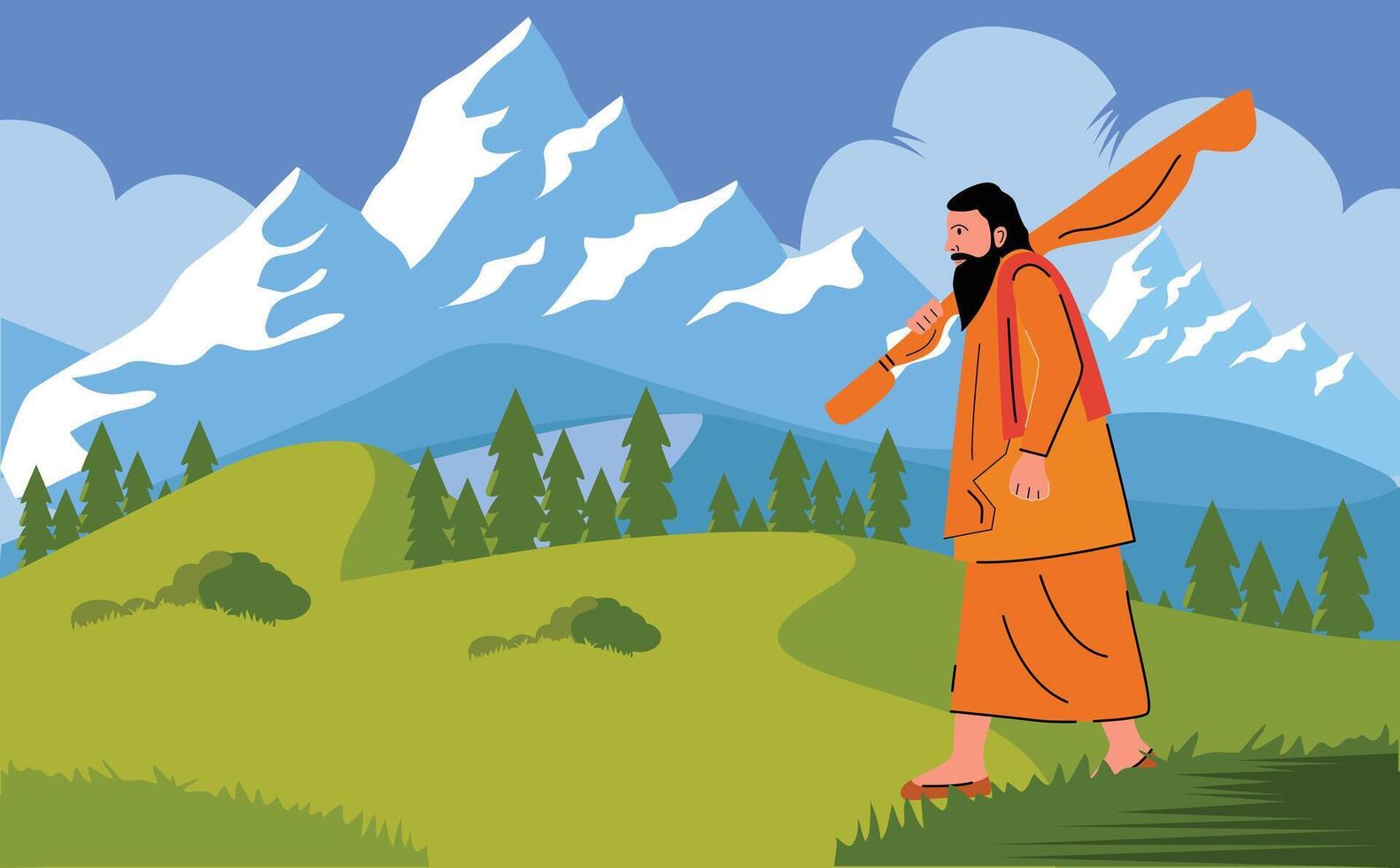 sadhu , sanyasi walking to himalaya mountain vector