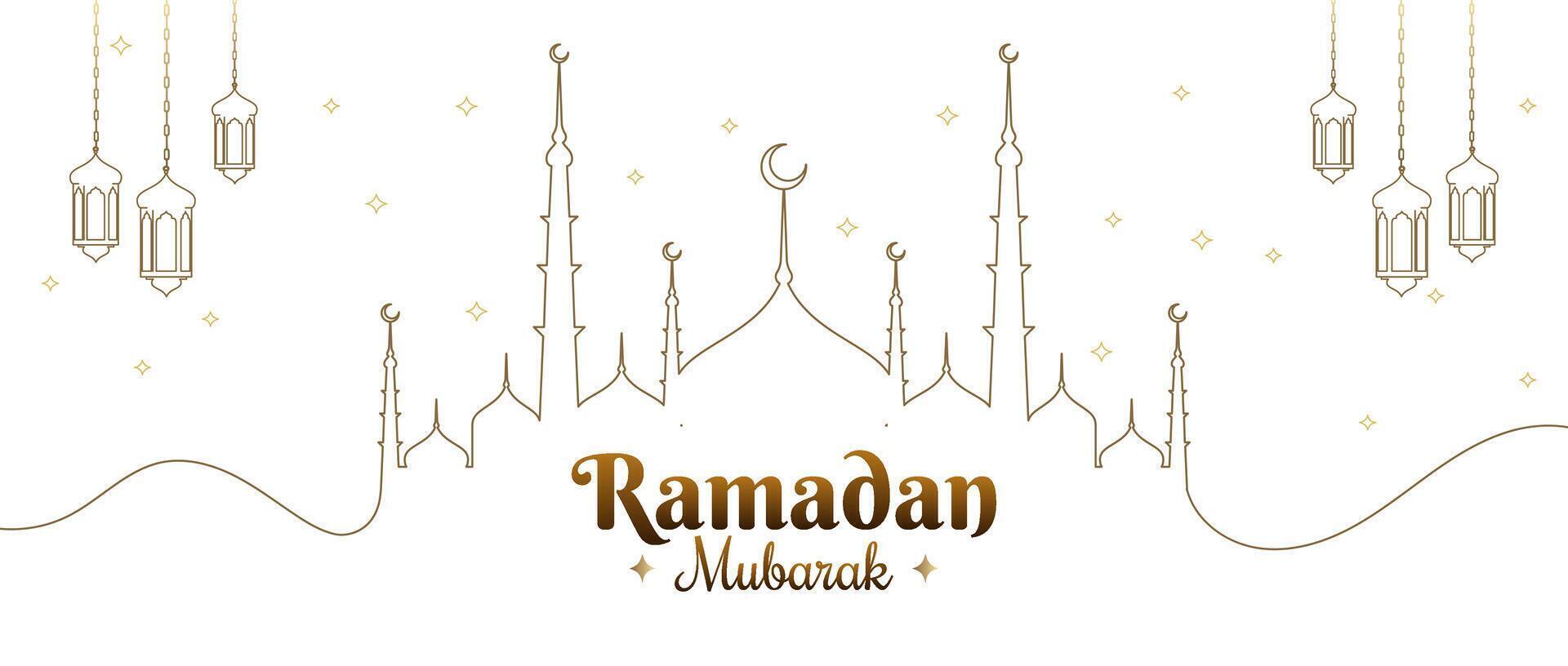 ramzan mubarak with islamic structure mosque and lantern design background line art vector