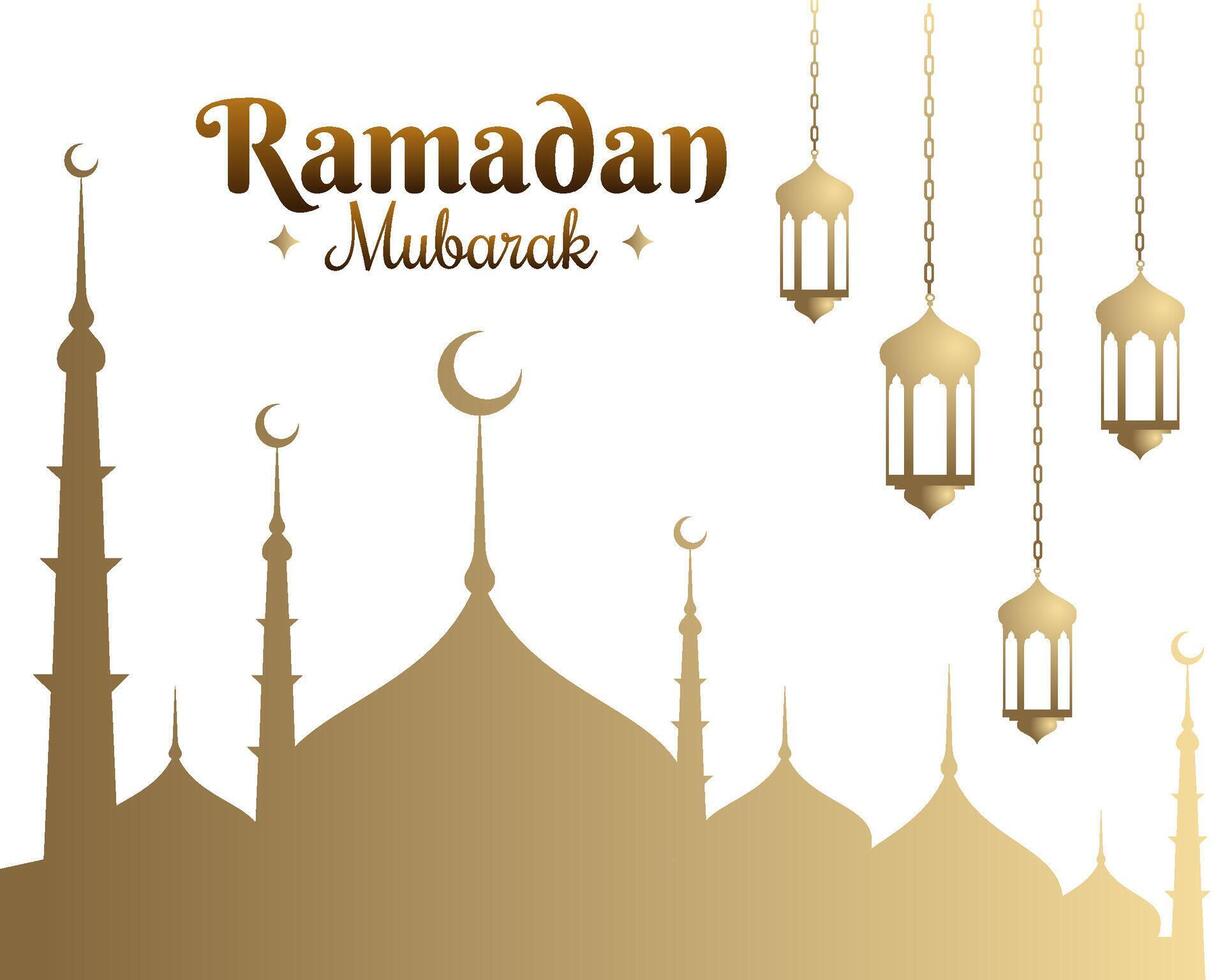 ramzan mubarak with islamic structure mosque and lantern design background vector