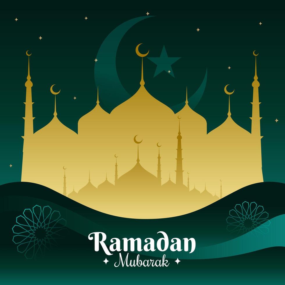 ramzan mubarak greeting with islamic mosque structure and eid moon vector