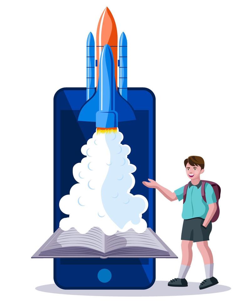 educación solicitud puesta en marcha, cohete lanzamiento desde libro con colegio uniforme chico vector