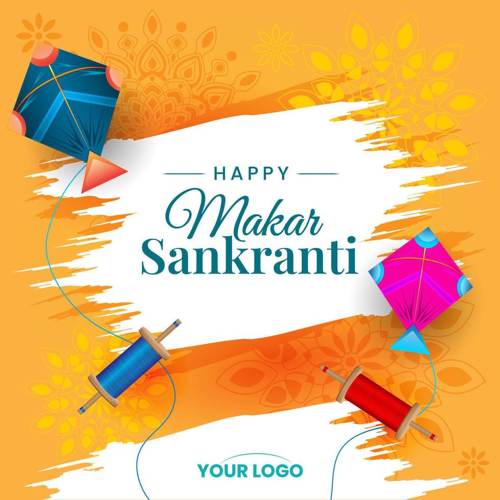 makar sankranti with kites yellow mandala festive background vector