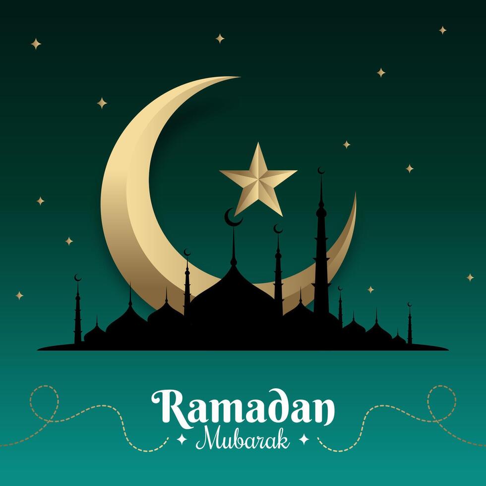 ramzan mubarak greeting with islamic mosque structure and eid moon vector