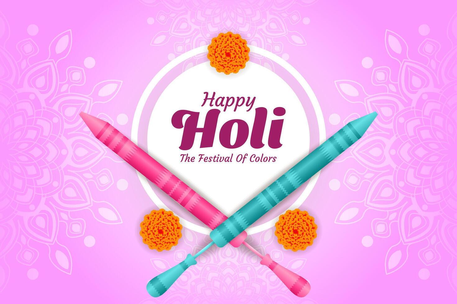 colorful happy holi hindu festival celebration greeting with color splash and pichkari vector