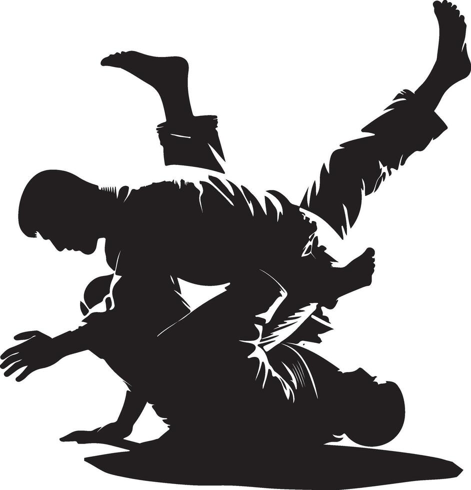 High-contrast vector silhouette of two Brazilian jiu-jitsu athletes practicing a submission hold, capturing the intensity of martial arts training.