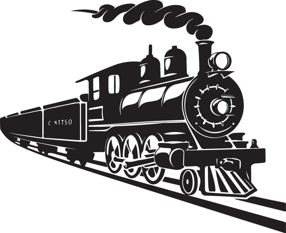 Black and white silhouette of a vintage steam locomotive chugging along the tracks, emitting a plume of smoke. vector