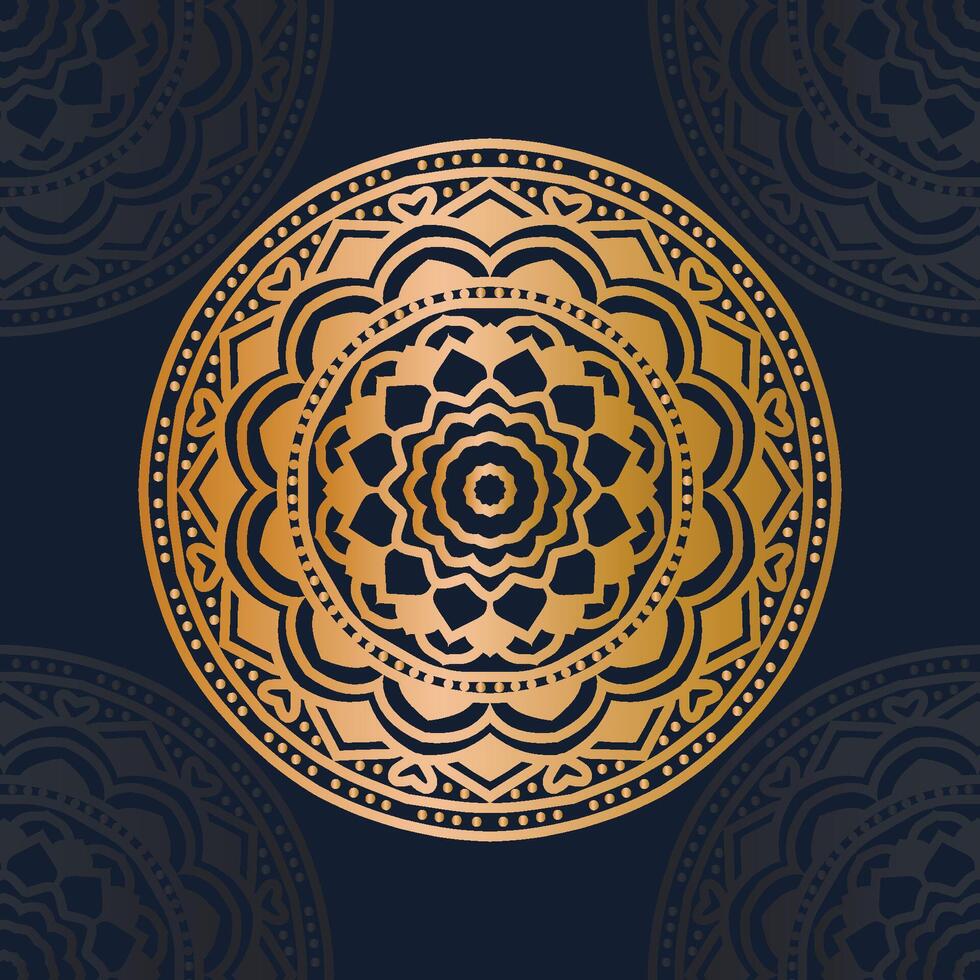 mandala ornamento en un oscuro azul antecedentes. decorativo dorado mandala modelo. mandala modelo con metálico oscuro azul color. oro Clásico saludo tarjeta en azul antecedentes. lujoso mandala vector. vector