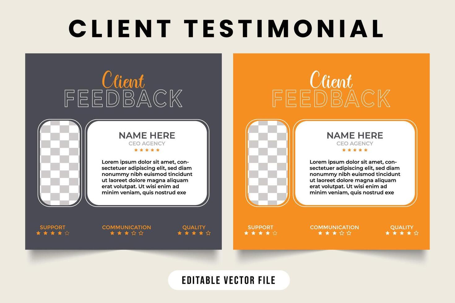 Client testimonial design with dark gray and yellow colors. customer feedback review or testimonial layout template for websites business. client testimonials vector with photo placeholder.
