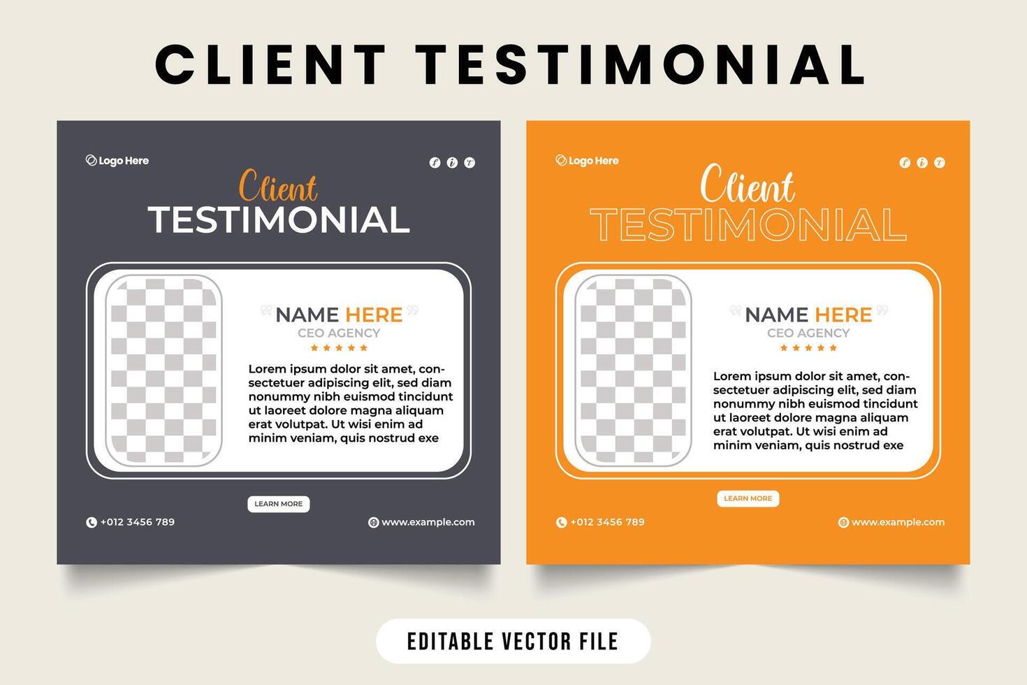 Client review and customer feedback template vector. Testimonial design with dark gray and yellow color. Client experience comments and quotes template with photo placeholders. vector