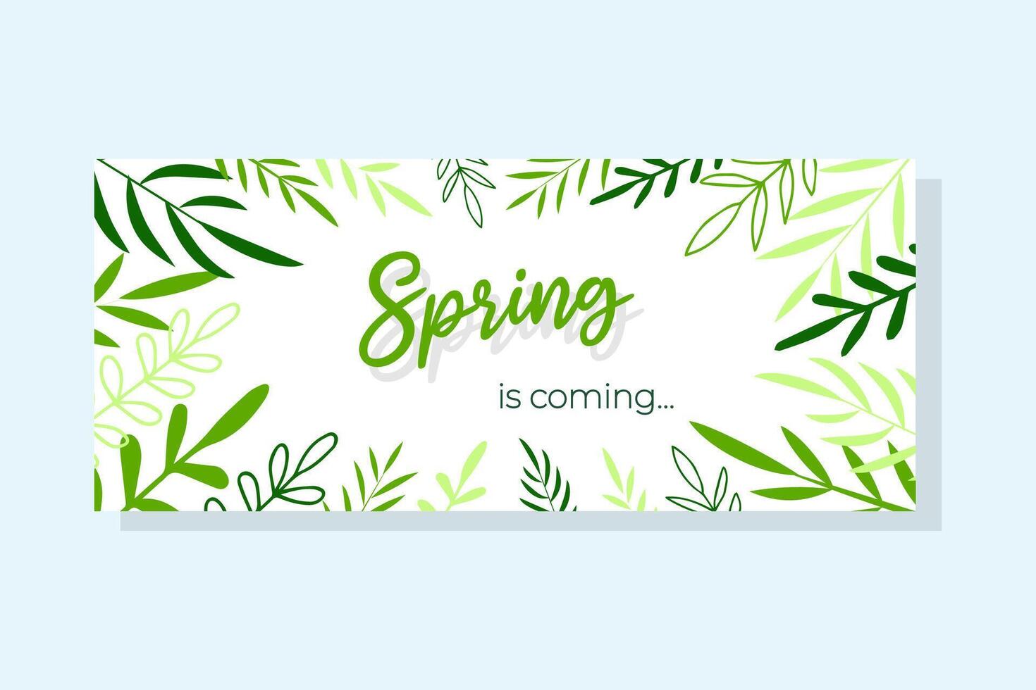 Horizontal banner with hand drawn leaves and inscription spring is coming. Minimalist style, doodle style. vector