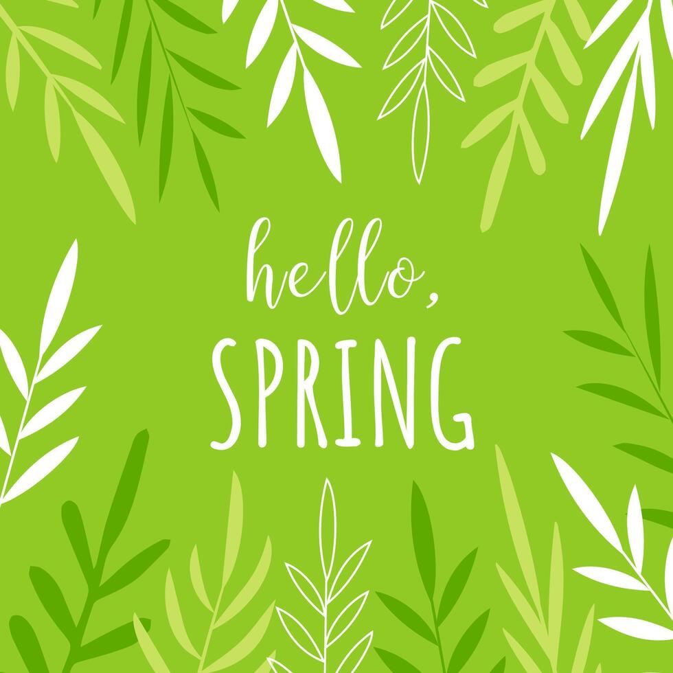 Hola primavera. tarjeta postal con dibujado a mano planta elementos. garabatear estilo, moderno plano diseño. vector