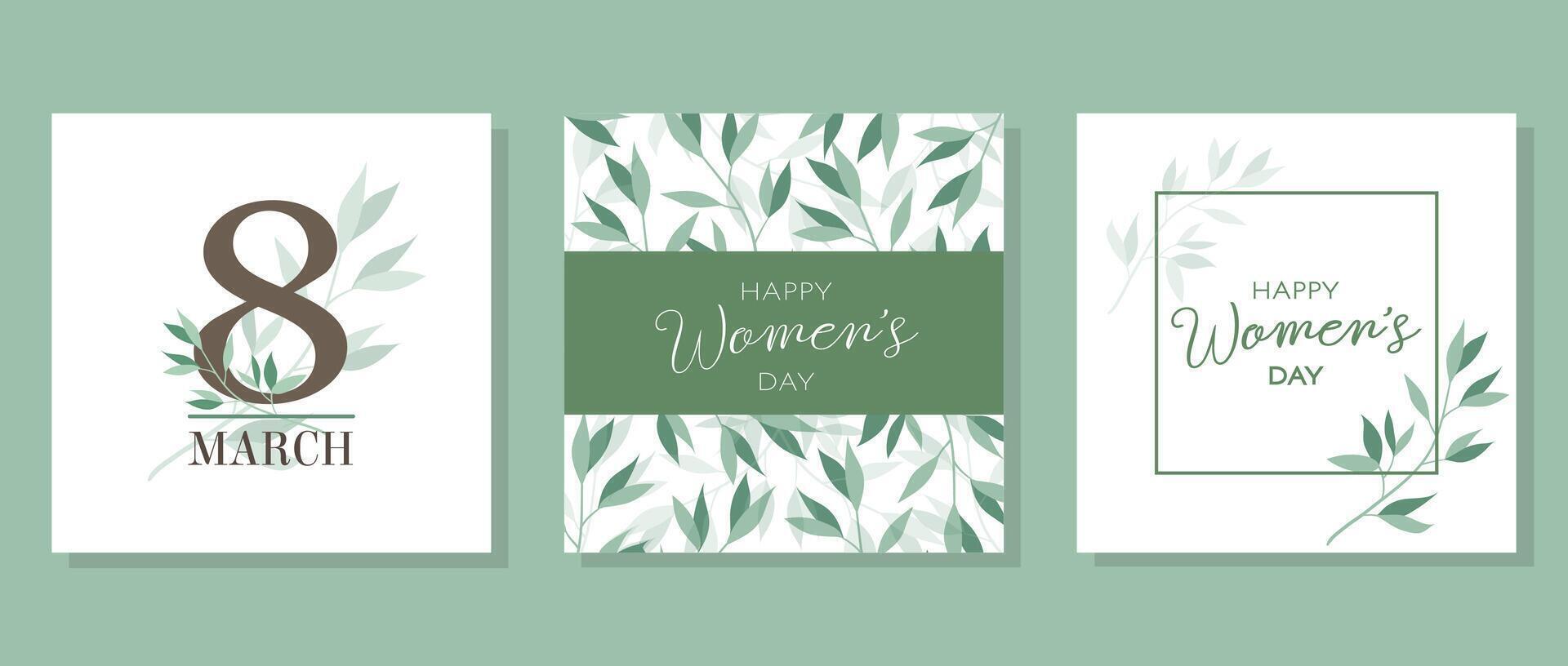 Set of square posters for International Women's Day, March 8. Minimalist design with leaf pattern vector