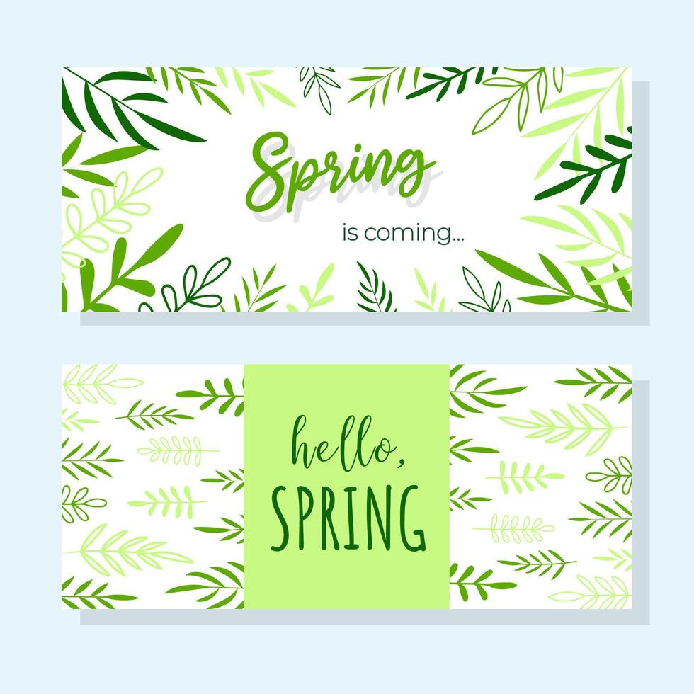 Set of horizontal banners spring close and hello spring. Drawn hands leaves in doodle style. vector