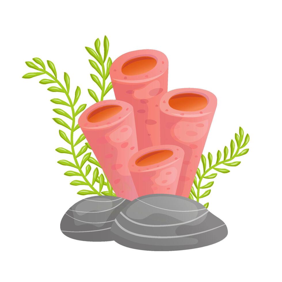 Pink reef coral tube growing on rocks with algae. Vector illustration in cartoon style.