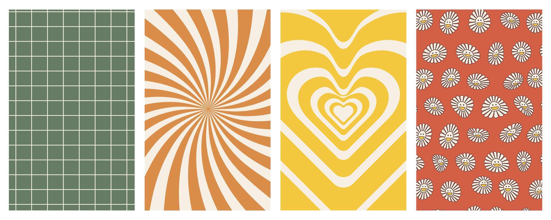 Groovy backgrounds. Set of background in trendy retro trippy style. Hippie 60s, 70s style. vector