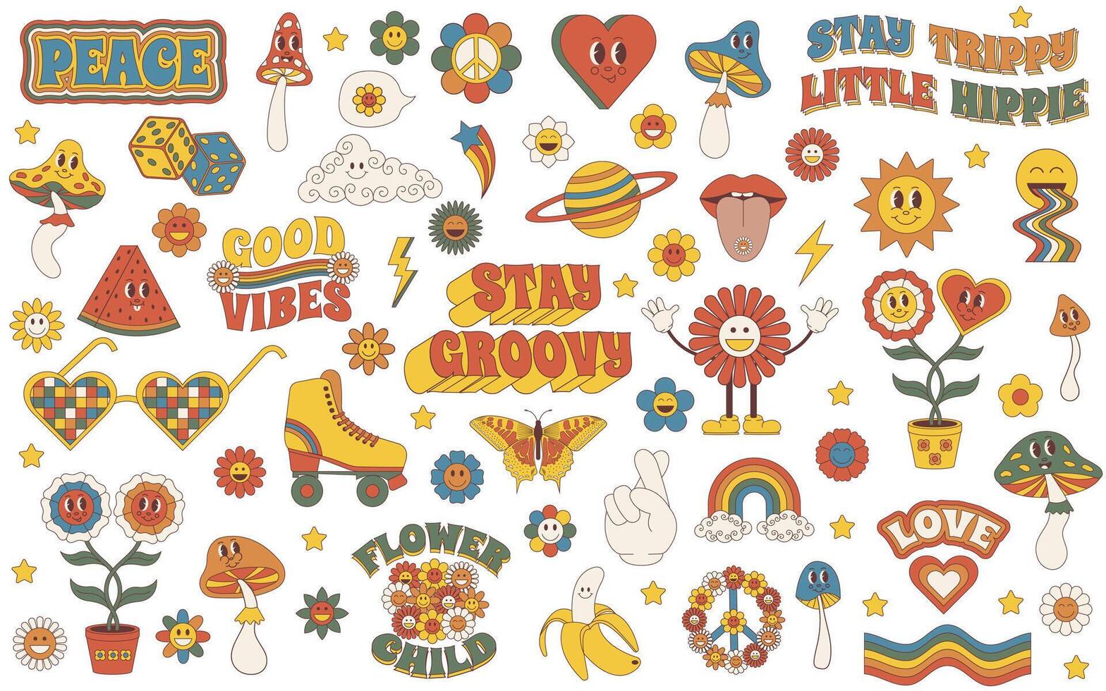 Groovy set. Groovy hippie 70s set. Sticker pack in trendy retro psychedelic cartoon style. Isolated vector illustration.