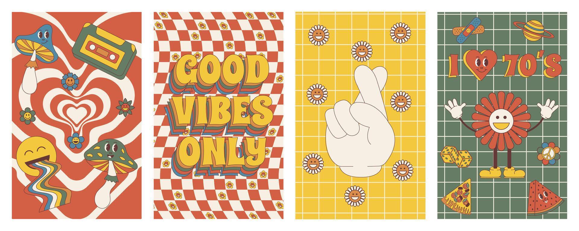 Groovy posters. Set of posters in trendy retro trippy style. Hippie 60s, 70s style. vector