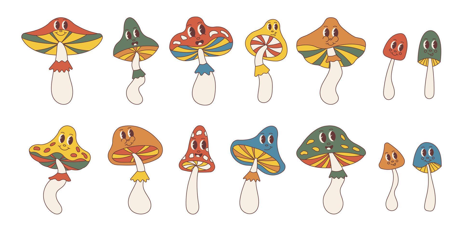 Groovy mushrooms cartoon characters. Sticker pack in trendy retro trippy style. Hippie 60s, 70s style. vector