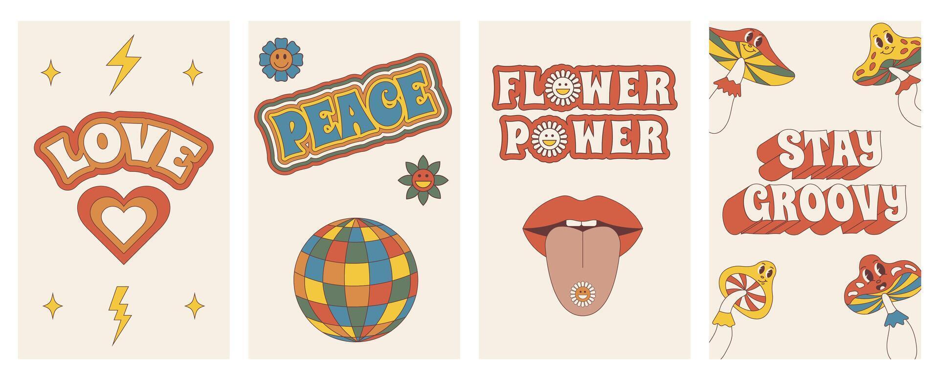 Groovy posters. Set of posters in trendy retro trippy style. Hippie 60s, 70s style. vector