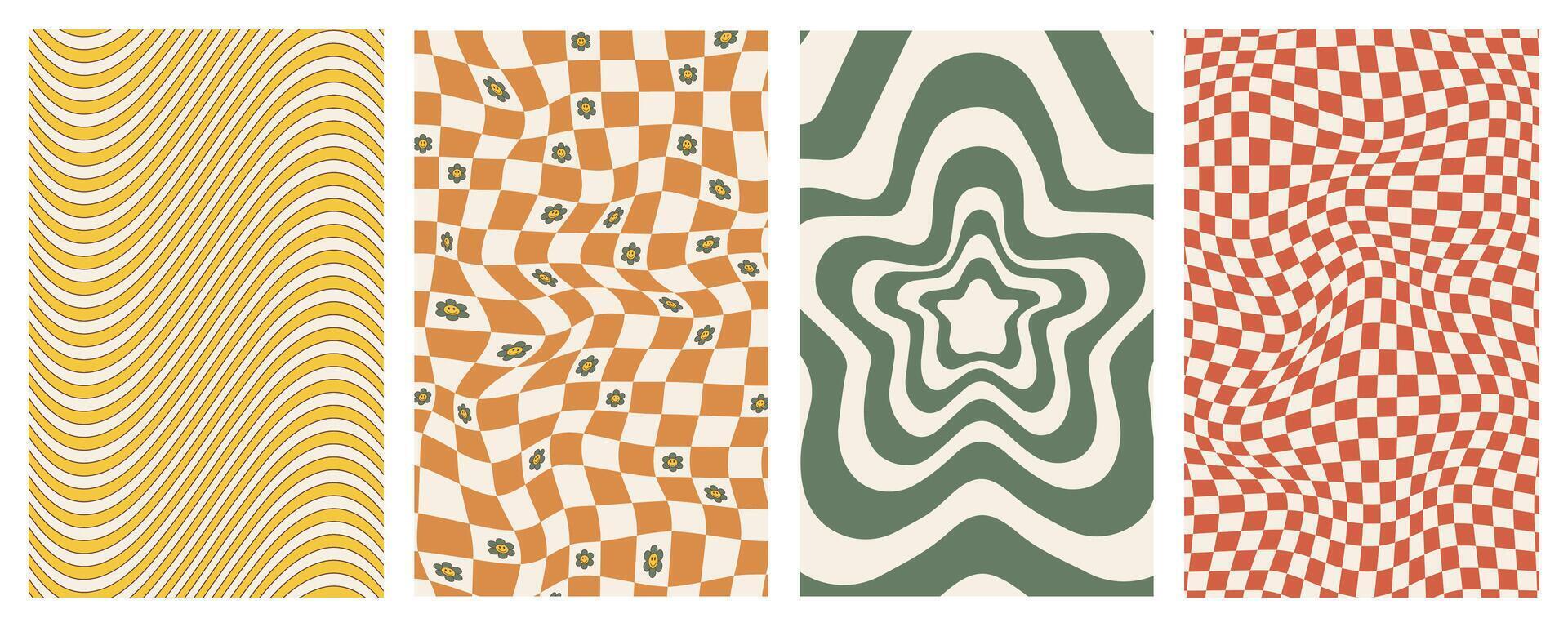 Groovy backgrounds. Set of background in trendy retro trippy style. Hippie 60s, 70s style. vector
