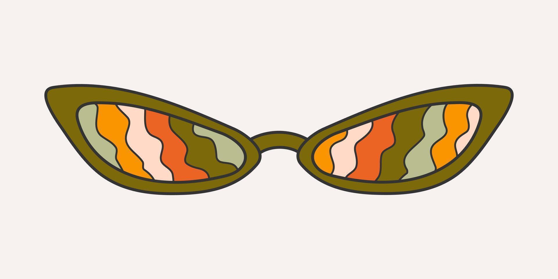 Fashionable sunglasses in groove style, carton. Retro accessory on a light background, hippie, 1970s. Various trippy patterns in glasses, waves. vector