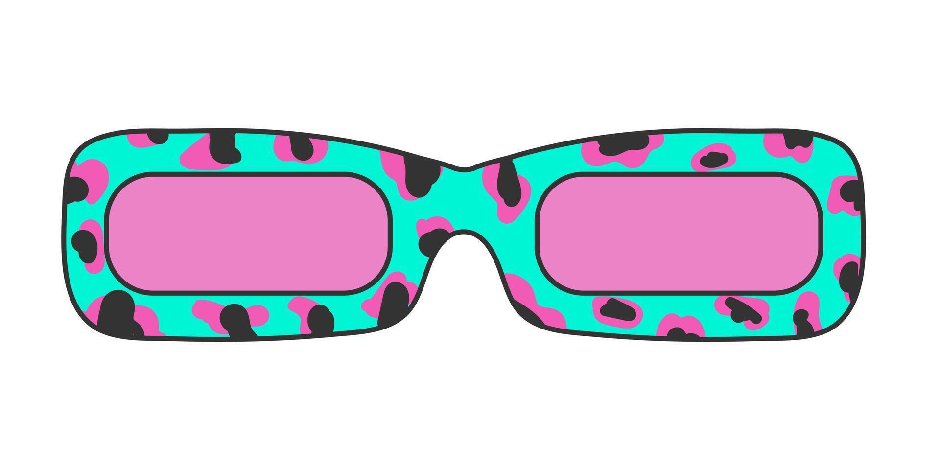 retro hippy Gafas de sol con leopardo impresión aislado en blanco antecedentes. neón pegatina en 70s estilo, maravilloso psicodélico vector Clásico elemento, rosado y verde colores.