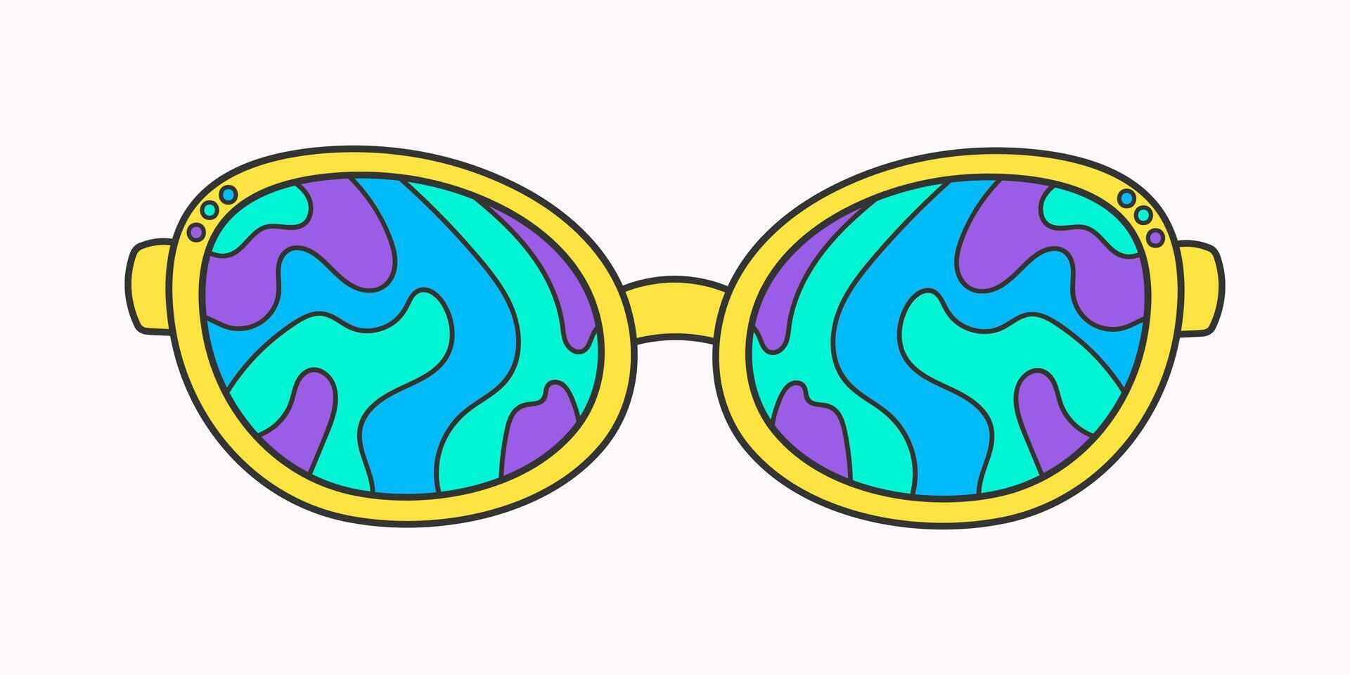 Retro hippie psychedelic style sunglasses. Geometric abstract vector glasses isolated on white background, 70s groovy fashion. Doodle paint stains pattern for printing on T-shirts, cards.