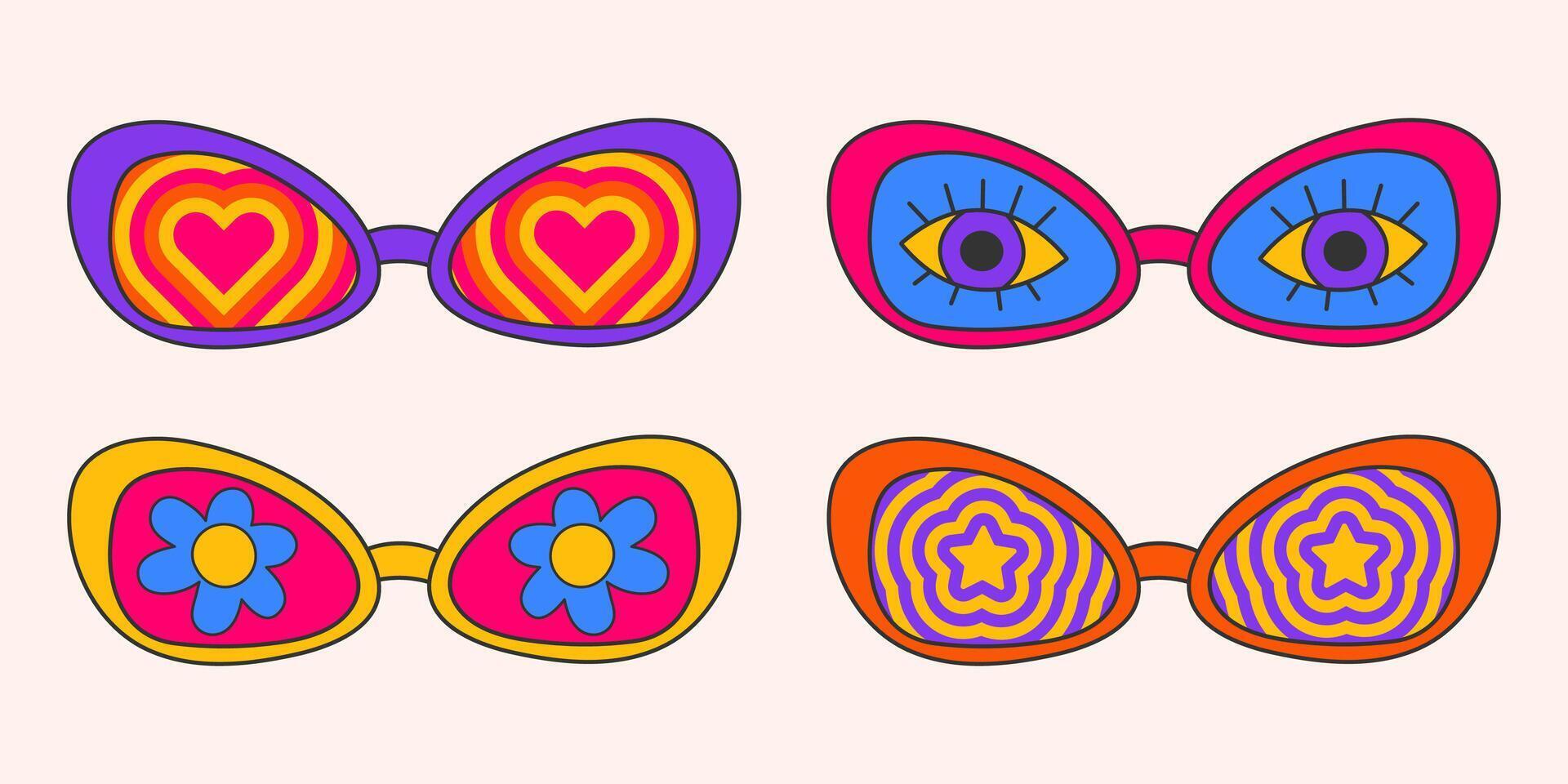 Retro hippie style sunglasses. Set of geometric abstract vector glasses, 1970s groovy fashion. Heart, stars, daisy flowers and eyes, for printing on T-shirts, cards.