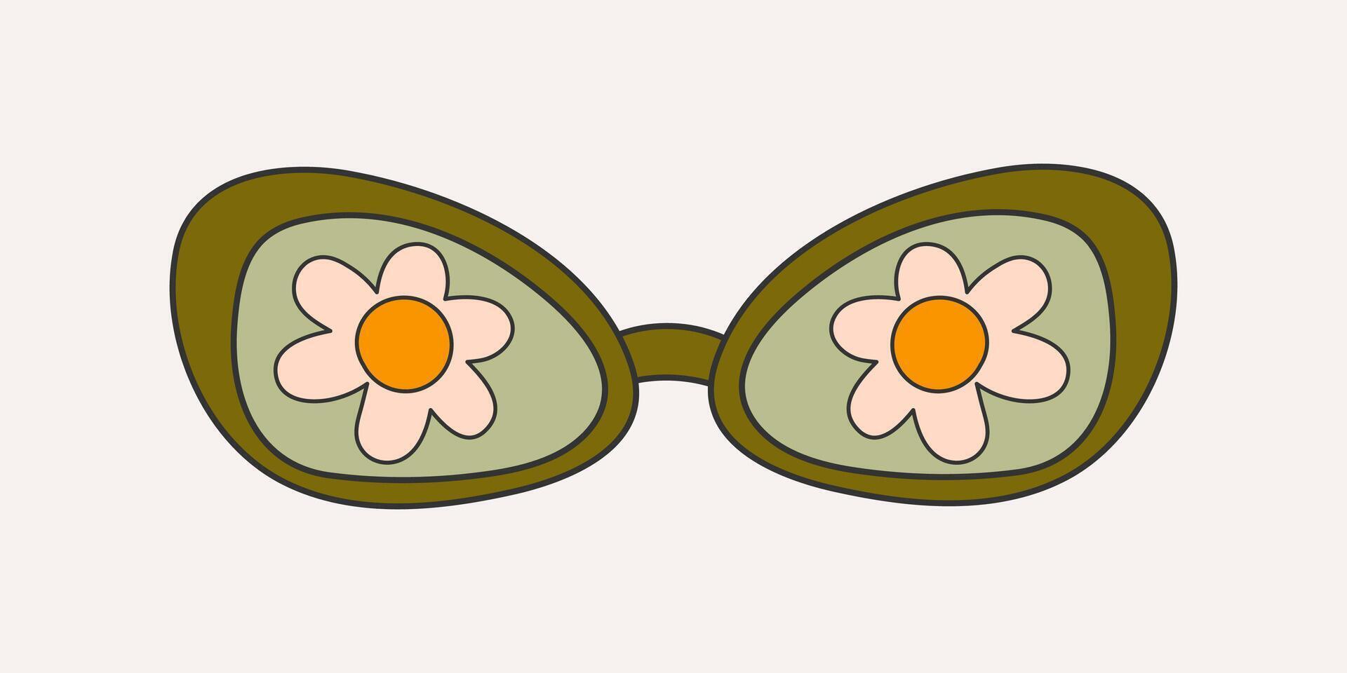 Fashionable sunglasses in groove style, carton. Retro accessory on a light background, hippie, 1970s. Various trippy patterns in glass, daisies. vector