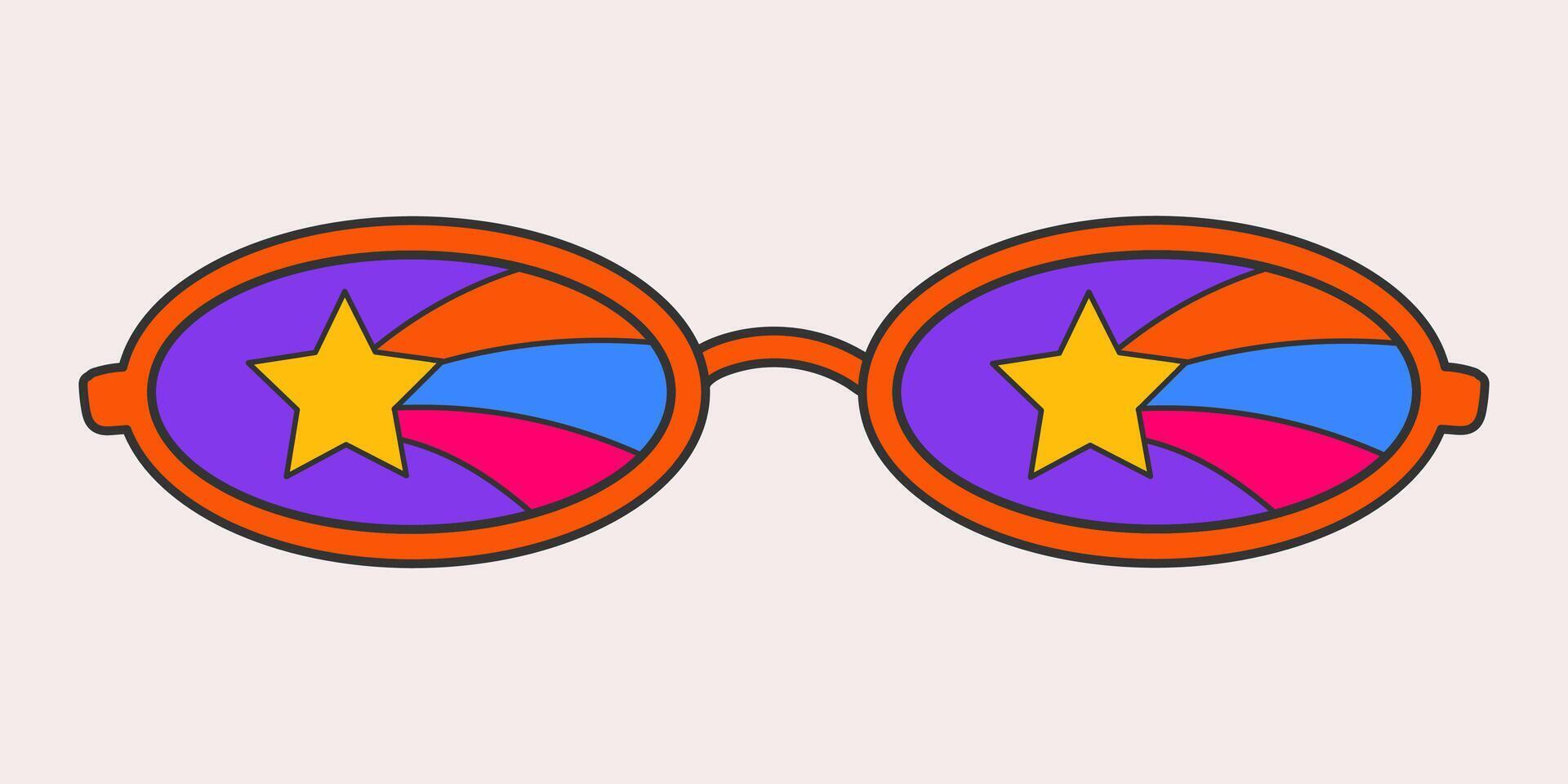 Bright oval sunglasses in a groovy style isolated on a light background. Vintage retro colors, star and rainbow print on glass. Psychedelic vector doodle sticker, 70s, nostalgia, hippie.