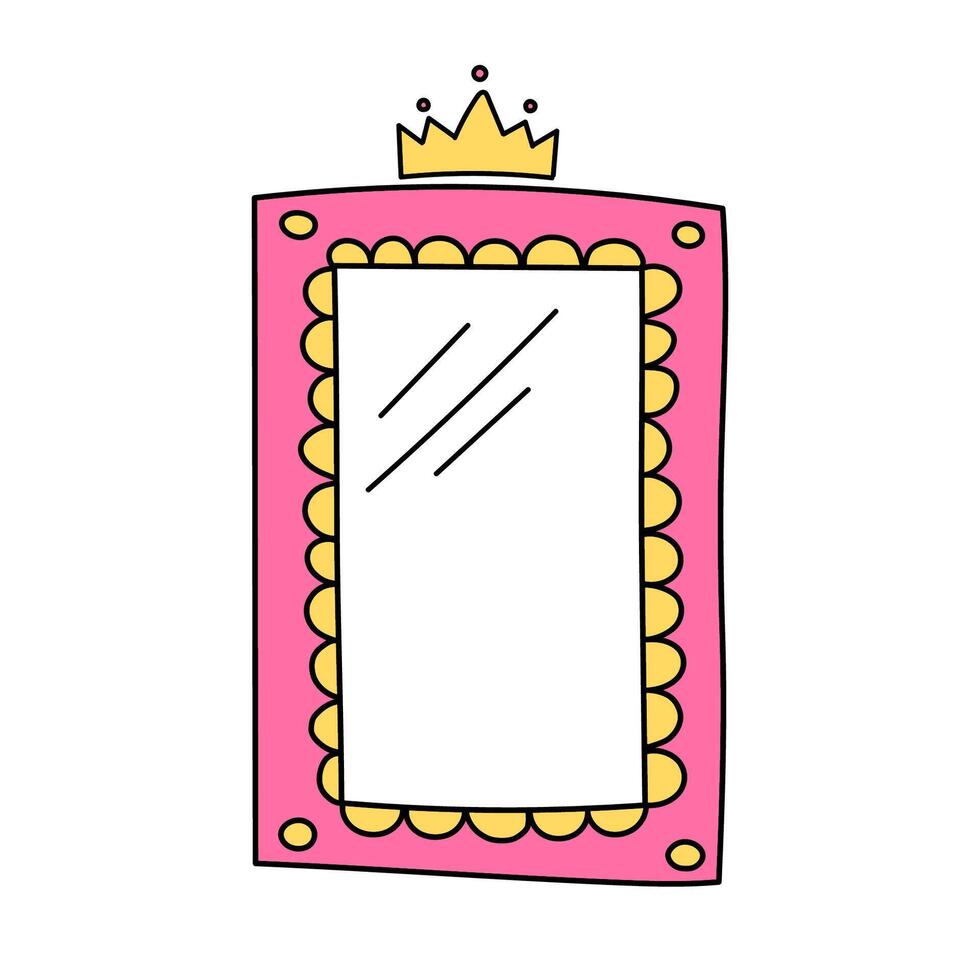 Cute rectangular vector frame with crown isolated on white background. Pink mirror for little princess, beautiful decorative border, hand drawn, doodle illustration.