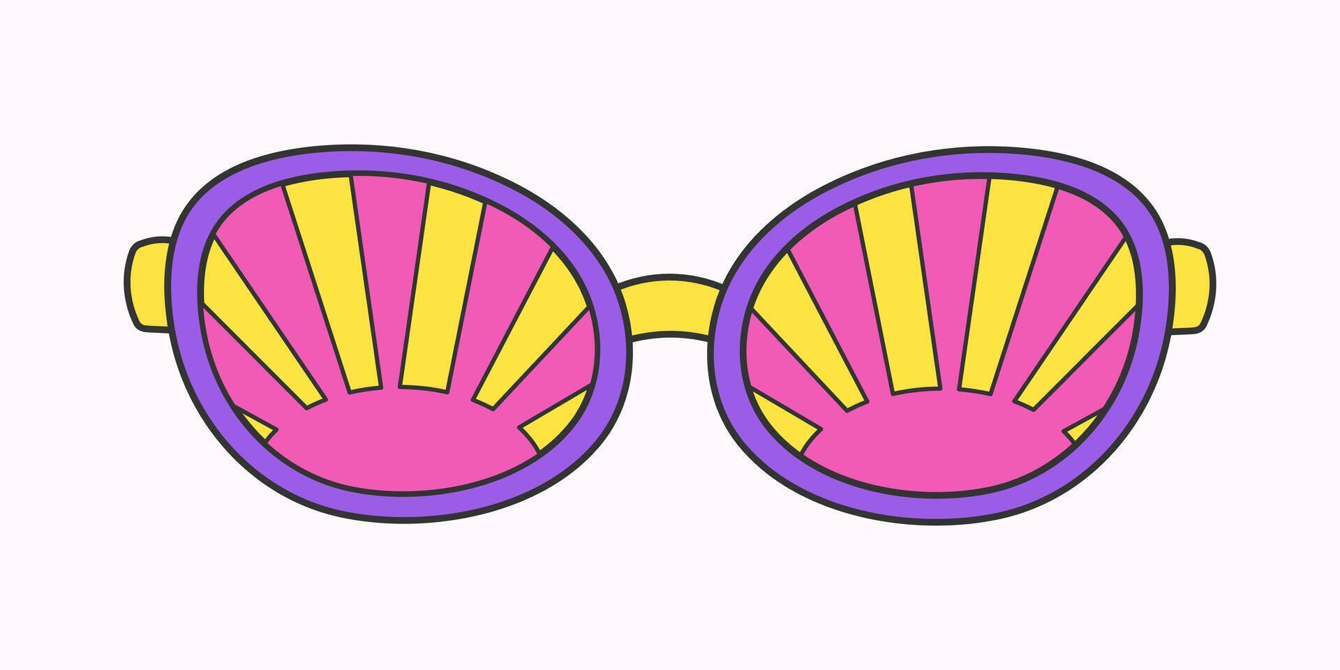 Retro hippie psychedelic style sunglasses. Geometric abstract vector glasses isolated on white background, 70s groovy fashion. Doodle sun pattern for printing on T-shirts, cards.