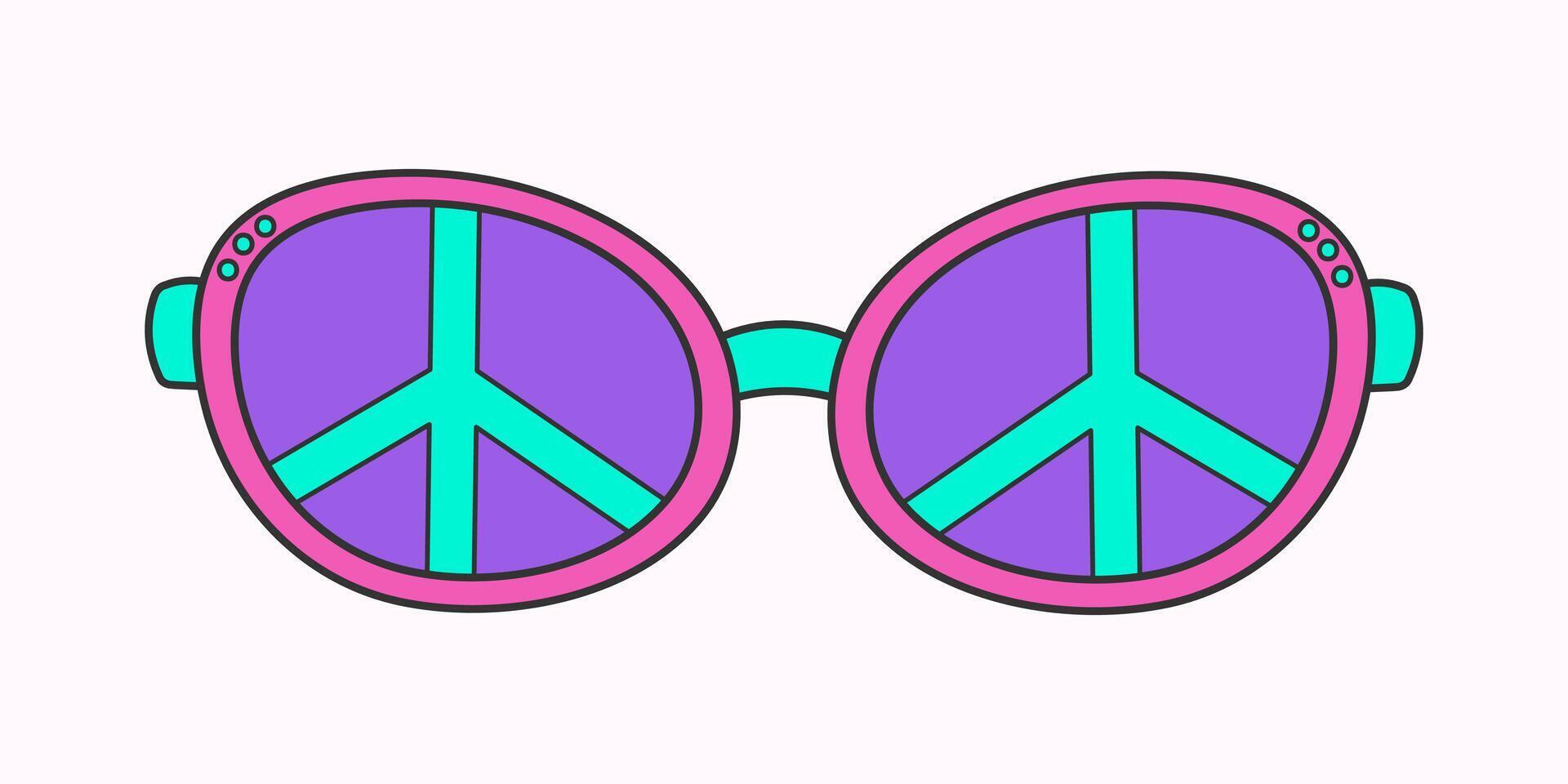 Retro hippie psychedelic style sunglasses. Geometric abstract vector glasses isolated on white background, 70s groovy fashion. Doodle peace sign neon pattern for printing on T-shirts, cards.