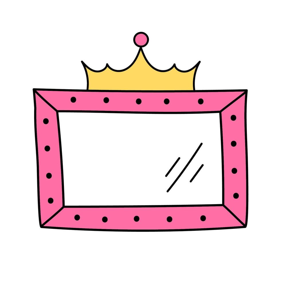 Cute rectangular minimalistic vector frame with crown isolated on white background. Pink mirror for little princess, beautiful decorative border, hand drawn, doodle illustration.