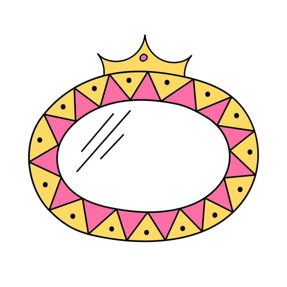 Elegant oval vector frame with crown isolated on white background. Pink mirror for little princess, beautiful decorative border, hand drawn, doodle illustration.