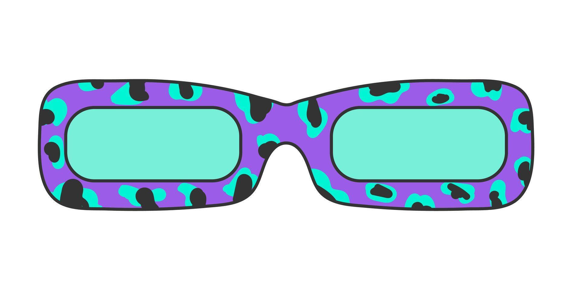 retro hippy Gafas de sol con leopardo impresión aislado en blanco antecedentes. neón pegatina en 70s estilo, maravilloso psicodélico vector Clásico elemento, púrpura y verde colores.