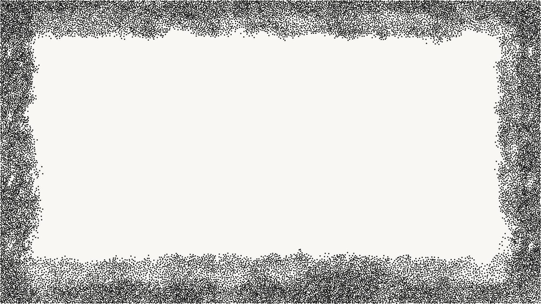 Black dotted textured horizontal frame, noisy gritty dot halftone effect, vector illustration. Fashionable banner in grunge style. Rectangular photo frame, splashes of paint.