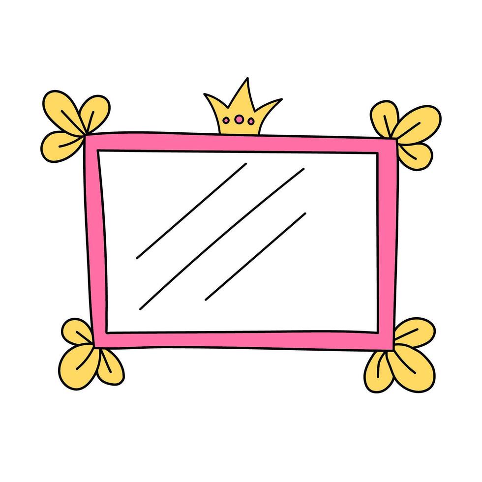 Minimalistic rectangular vector frame with crown isolated on white background. Pink mirror for little princess, beautiful decorative border, hand drawn, doodle illustration.
