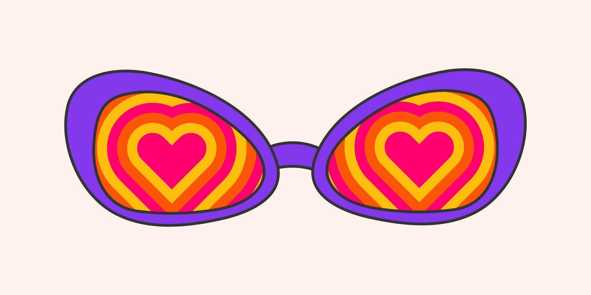 retro hippie psicodélico estilo Gafas de sol. geométrico resumen vector lentes aislado en blanco fondo, 70s maravilloso moda. garabatear brillante corazón modelo para impresión en camisetas, tarjetas