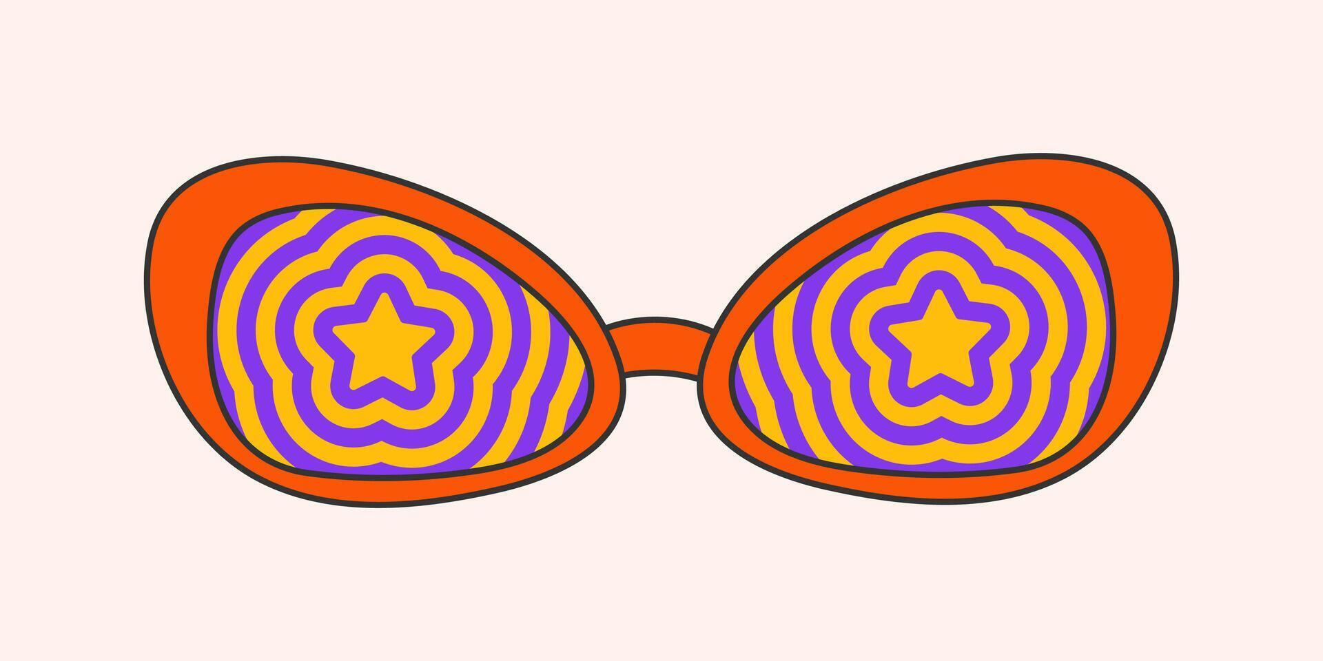 Retro hippie psychedelic style sunglasses. Geometric abstract vector glasses isolated on white background, 70s groovy fashion. Doodle bright stars pattern for printing on T-shirts, cards.