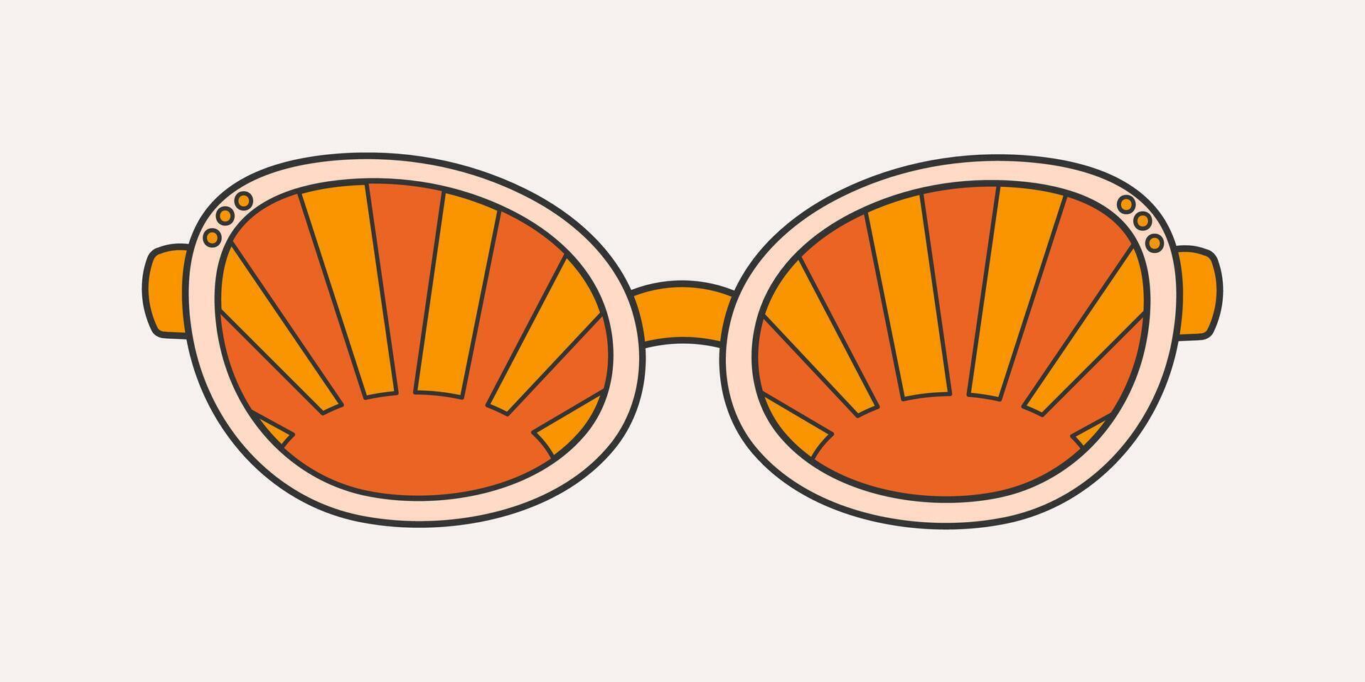 Fashionable sunglasses in groove style, carton. Retro accessory on a light background, hippie, 1970s. Various trippy patterns in glasses, sun. vector