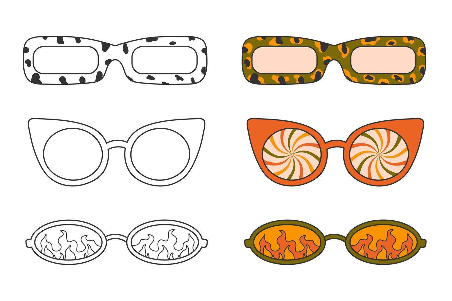 linda colorante página, diferente hippie Gafas de sol en 70s estilo. Clásico retro colores y contorno garabatear elementos en blanco fondo, sencillo ilustración para niños. impresión con leopardo, rayas, fuego. vector